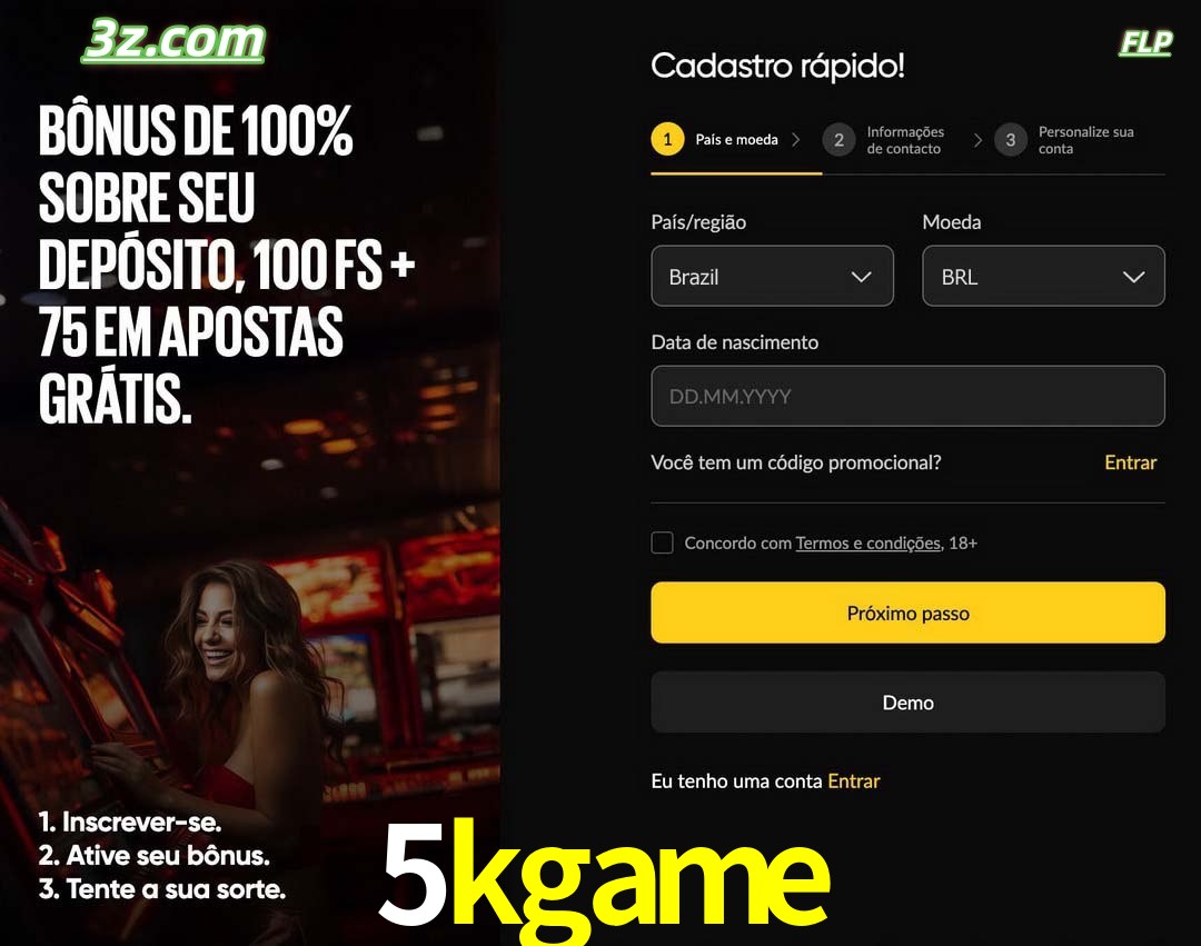 5kgame registro oficial cassino online Brasil com bônus de depósito e free spins